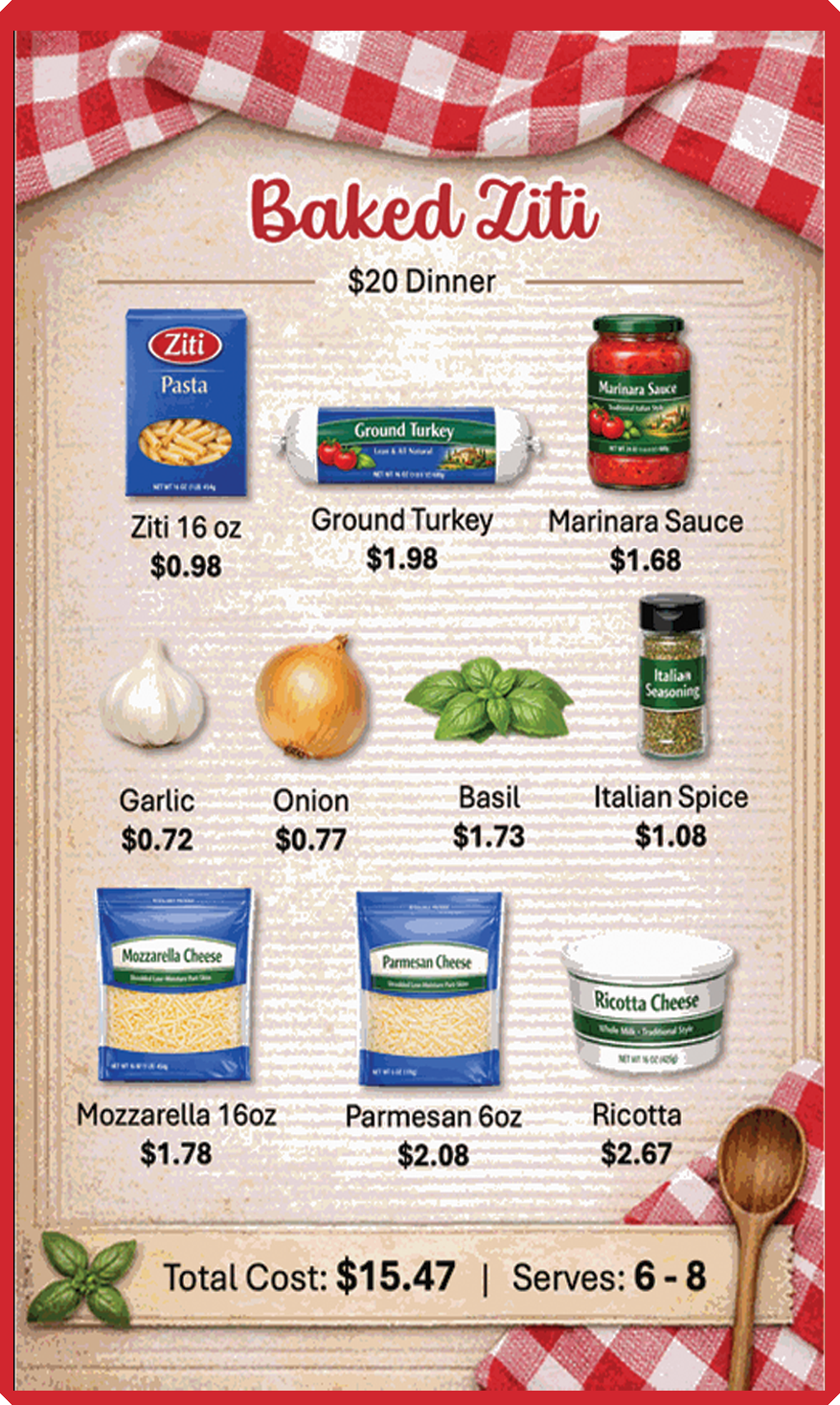 Baked Ziti recipe card front